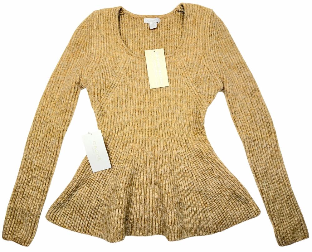 Cache Women’s XS Sexy Stretch Ribbed Knit Peplum Sweater Top Tan Beige NWT